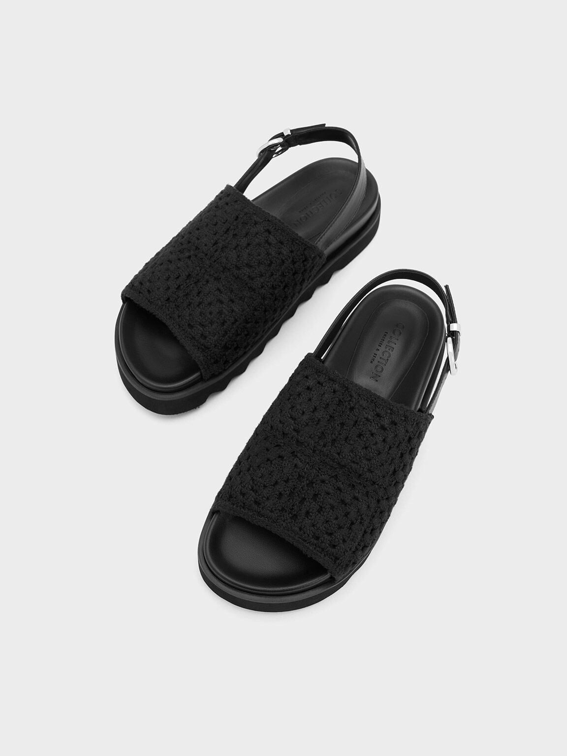 Crochet & Leather Slingback Sandals, Black, hi-res