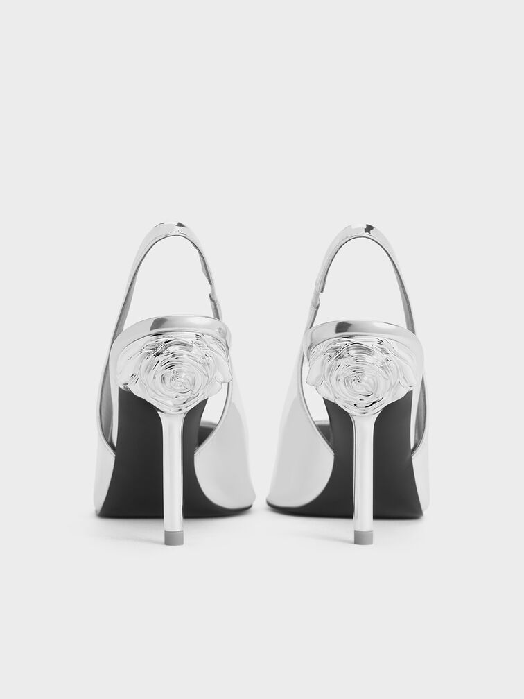 Flor Metallic Rose-Heel Slingback Pumps, Silver, hi-res