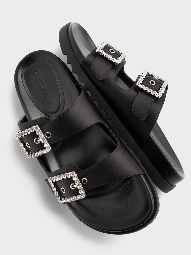 Recycled Polyester Gem-Buckle Double-Strap Sandals, Black Textured, hi-res