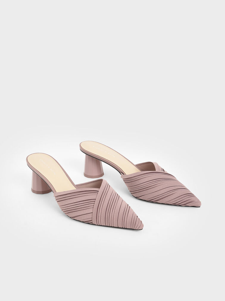Pleated Pointed Toe Mules, Mauve, hi-res