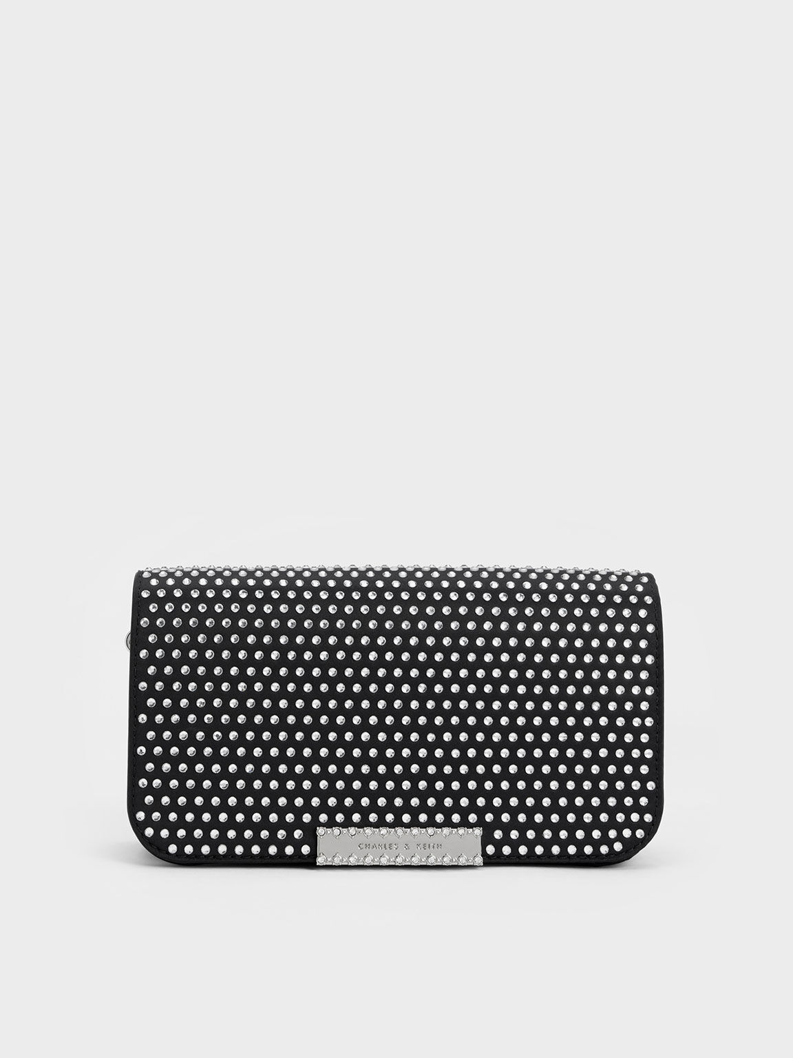 Crystal-Embellished Chain Strap Bag, Black, hi-res