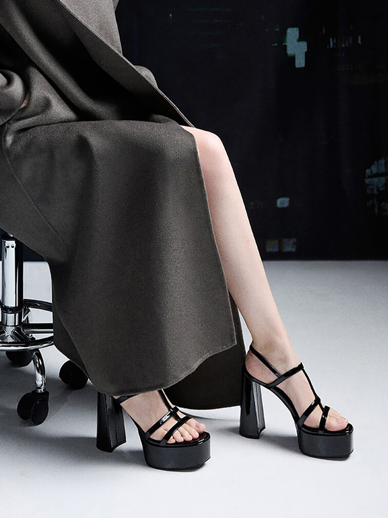 Patent T-Bar Strappy Platform Sandals, Black Patent, hi-res