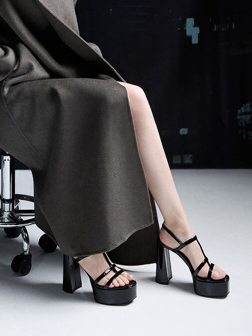 Patent T-Bar Strappy Platform Sandals, Black Patent, hi-res