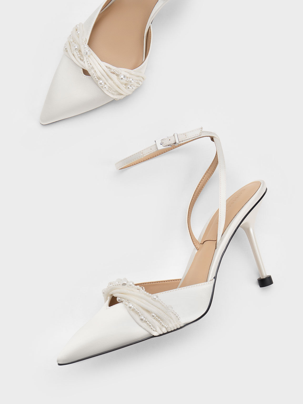 Beaded Satin Ankle-Strap Pumps, White, hi-res