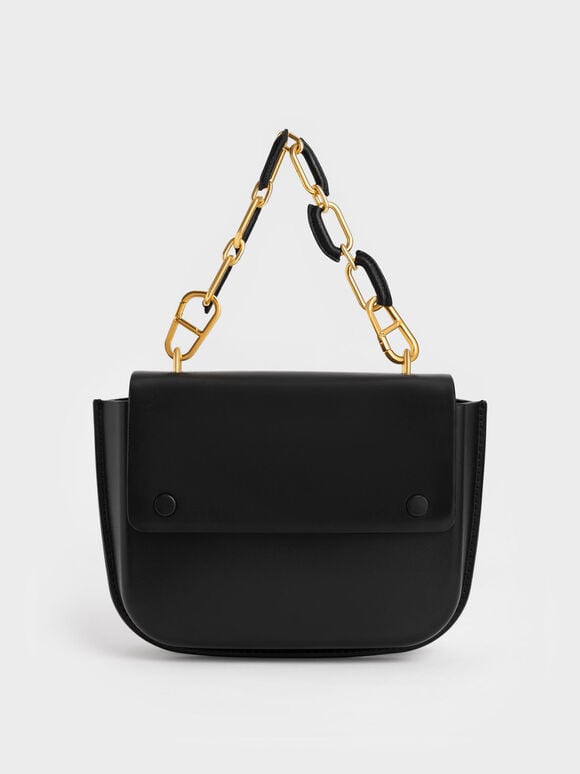Amber Chain Handle Push-Lock Handbag, Black, hi-res