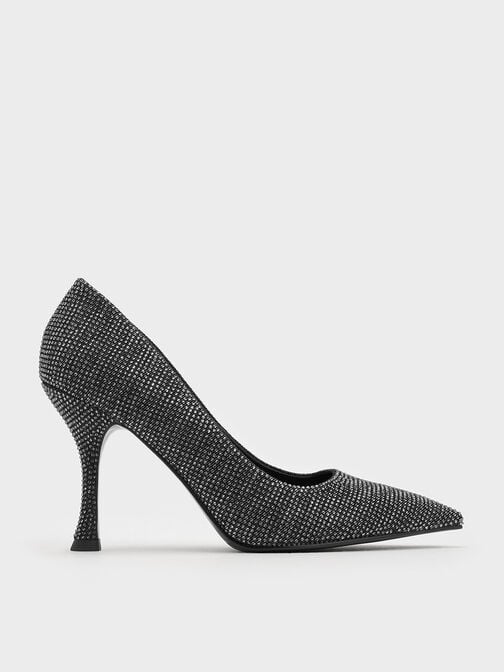 Denim Pointed-Toe Spool-Heel Pumps, Black Textured Denim Pointed-Toe Spool-Heel Pumps, Black Textured, hi-res