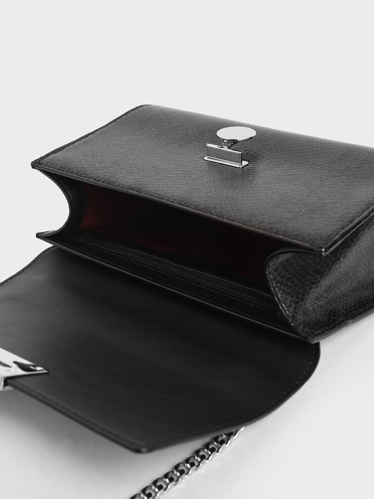 حقيبة يد صغيرة بطبعة جلد الثعبان بسلسلة كتف, أسود, hi-res