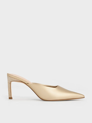 Crystal-Heel Pointed-Toe Mules, Gold, hi-res