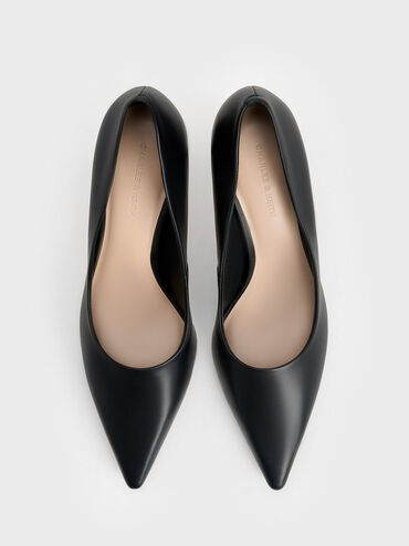 Flared Heel Pointed-Toe Pumps, Black, hi-res