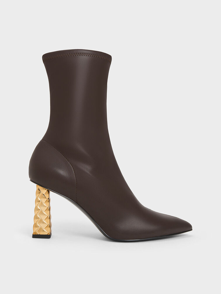 Pointed-Toe Quilted Heel Ankle Boots, Dark Brown, hi-res
