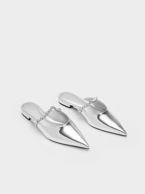 Gem-Strap Metallic Flat Mules, Silver, hi-res