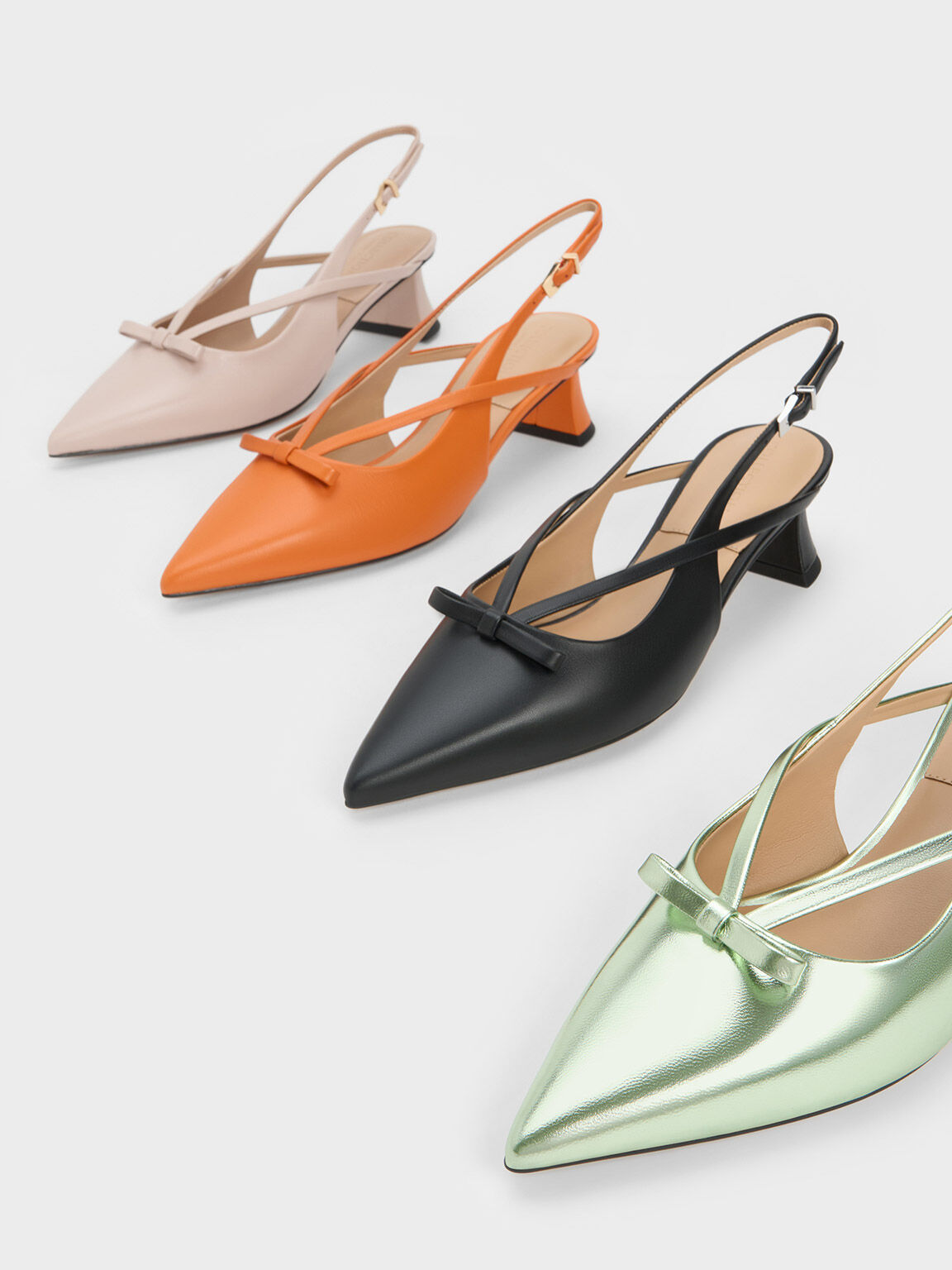 Leather Bow Strappy Slingback Pumps, Black, hi-res