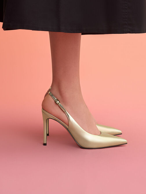 Metallic Stiletto Heel Slingback Pumps, Gold, hi-res