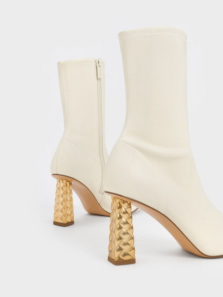 Pointed-Toe Quilted Heel Ankle Boots, Chalk, hi-res