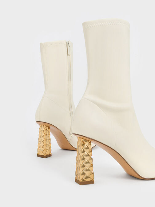 Pointed-Toe Quilted Heel Ankle Boots, Chalk, hi-res