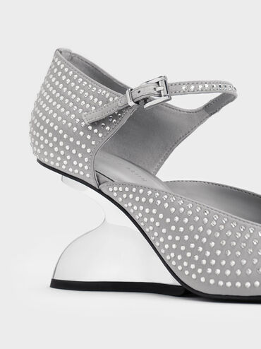 Zania Gem-Embellished Sculptural D'Orsay Wedges, Grey, hi-res