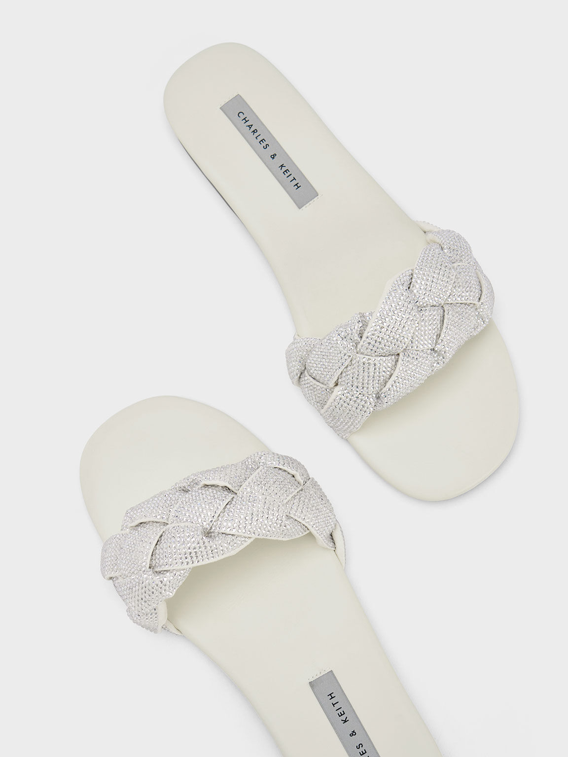 Gem-Embellished Braided Strap Slides, Cream, hi-res