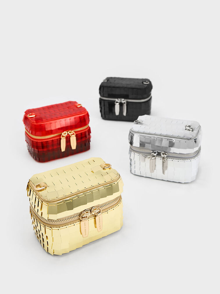 Disc-Embellished Vanity Pouch, Gold, hi-res