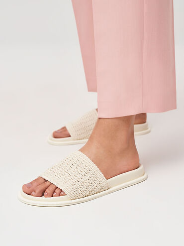 Knitted Slide Sandals, Cream, hi-res