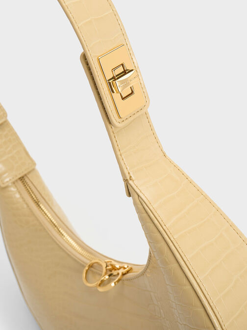 Croc-Embossed Crescent Hobo Bag, Beige, hi-res