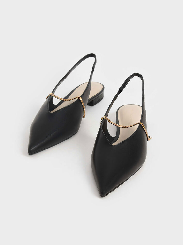 Chain-Link Slingback Ballerina Flats, Black, hi-res