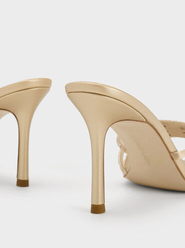 Satin Crystal-Embellished Heeled Mules, Gold, hi-res