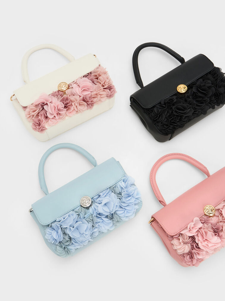 Floral Mesh Top Handle Bag, Black, hi-res