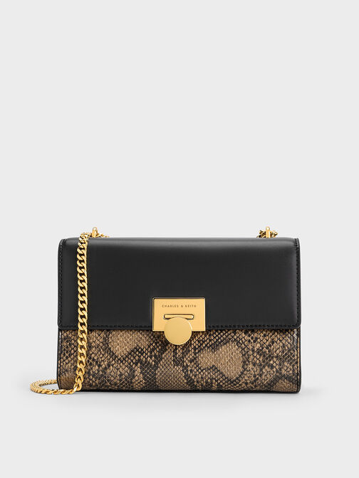 Snake Print Metallic Accent Clutch, Beige, hi-res