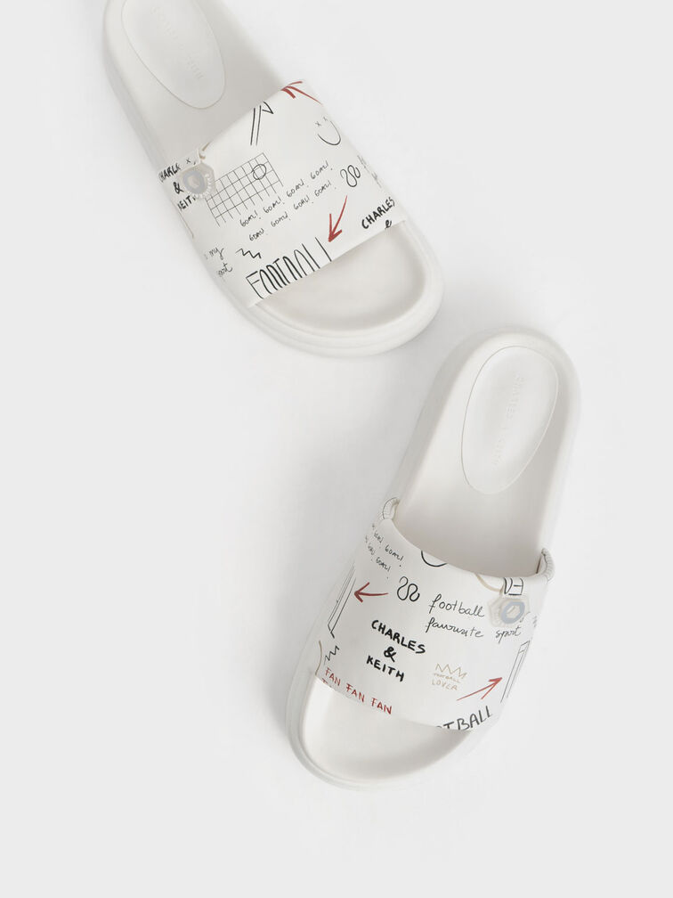 Graffiti Print Flatform Sliders, White, hi-res