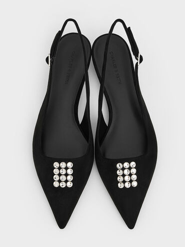 Faux Suede Crystal-Embellished Slingback Pumps, Black Textured, hi-res