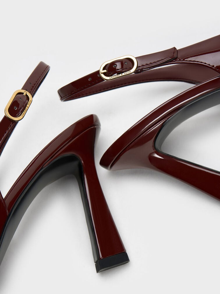 Patent Trapeze Heel Slingback Pumps, Burgundy, hi-res
