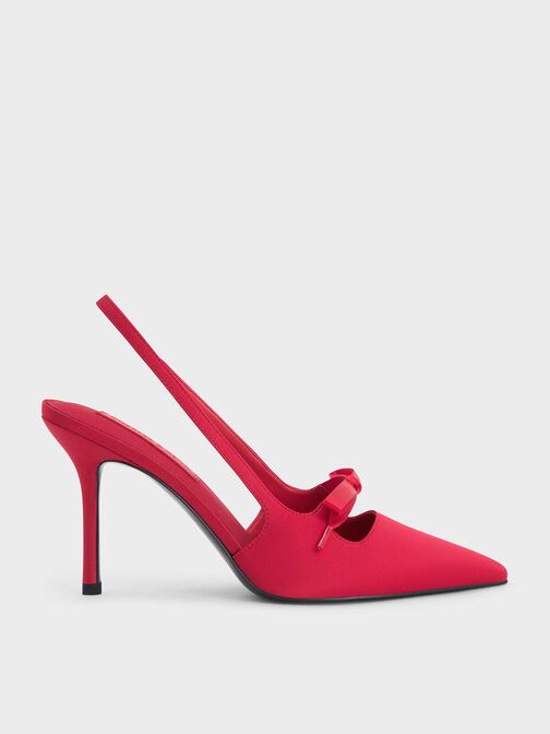 Satin Bow Pointed-Toe Slingback Pumps, Red, hi-res