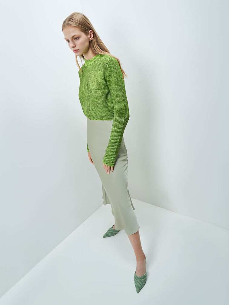 Pleated Pointed Toe Mules, Green, hi-res