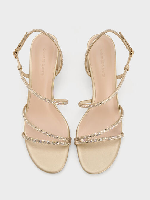 Satin Crystal-Embellished Strappy Sandals, Gold, hi-res