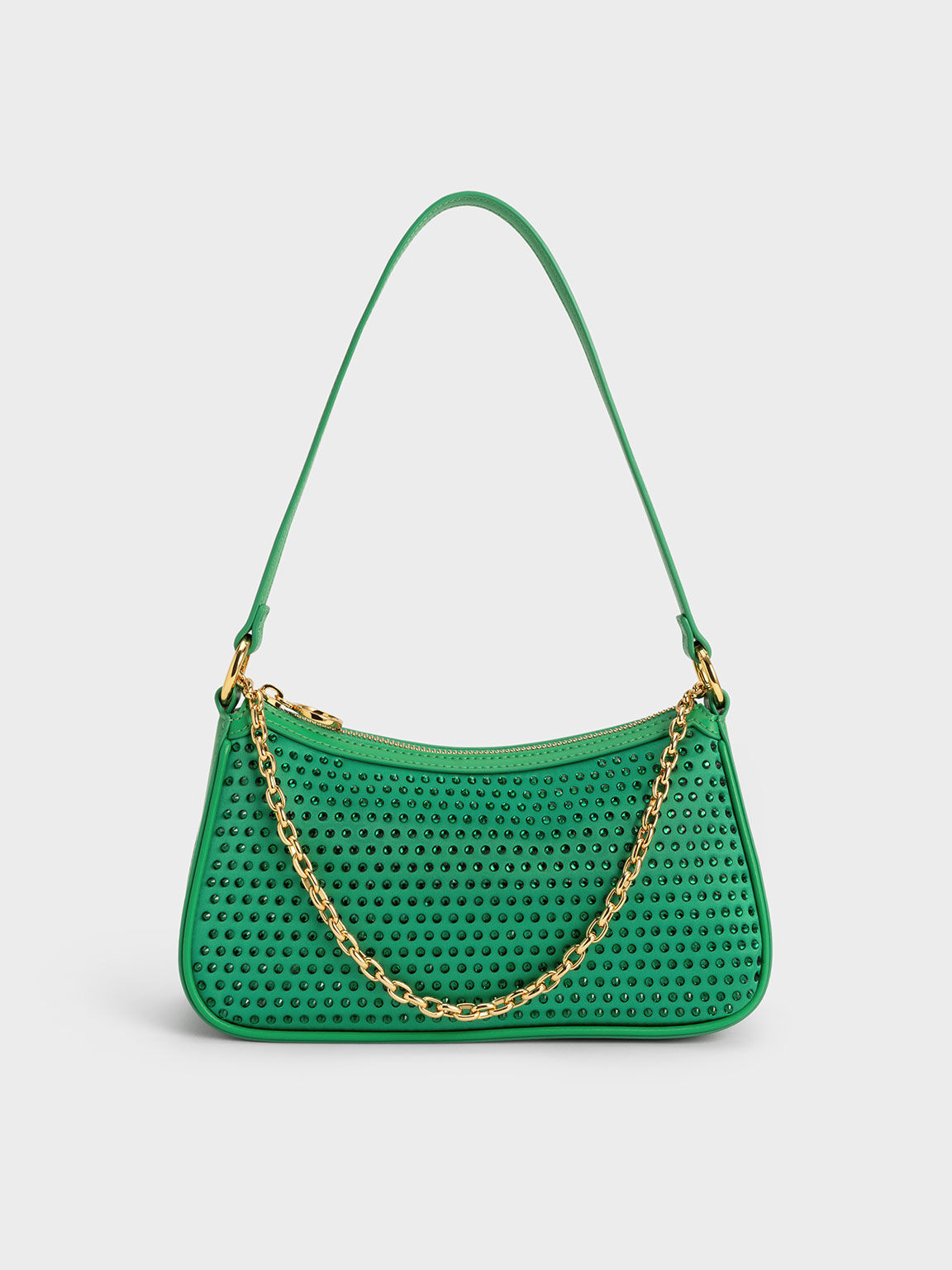 Green Crystal Embellished Satin Shoulder Bag CHARLES KEITH SA