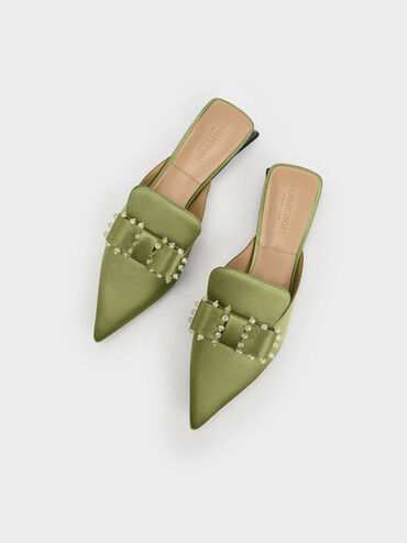 Satin Bead-Embellished Loafer Mules, Green, hi-res