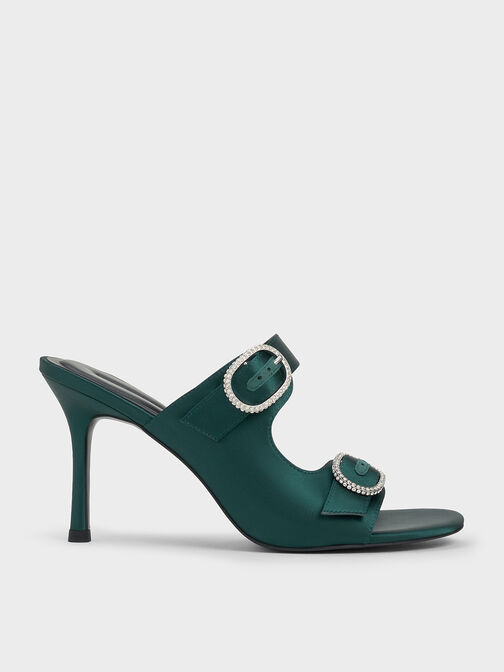Recycled Polyester Crystal-Buckle Heeled Mules, Dark Green, hi-res