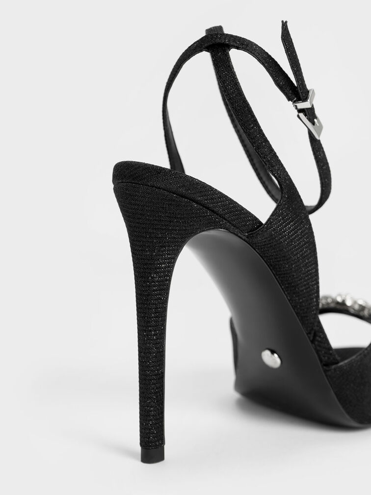 Glittered Gem-Encrusted Ankle Strap Sandals, Black, hi-res