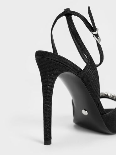 Glittered Gem-Encrusted Ankle Strap Sandals, Black, hi-res