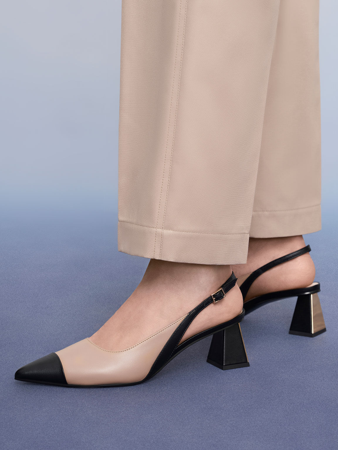 Toe Cap Slingback Pumps, Beige, hi-res