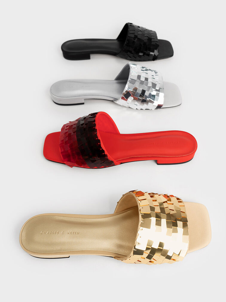 Sequinned Satin Slide Sandals, Gold, hi-res