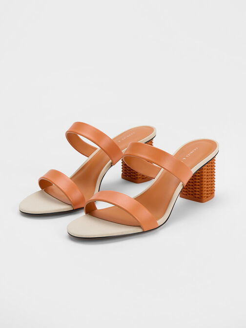 Rattan Block Heel Sandals, Orange, hi-res