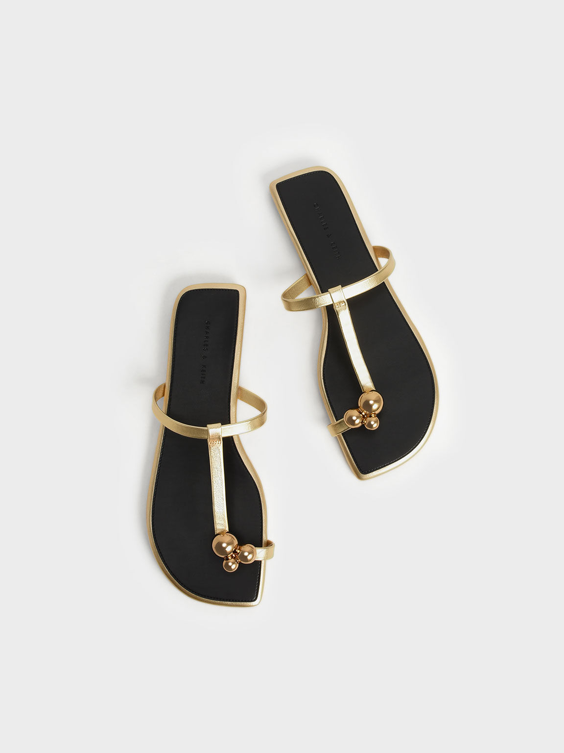 Embellished Toe-Ring Metallic Flat Sandals, Gold, hi-res