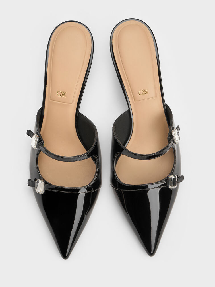 Patent Leather Gem-Buckle Pointed-Toe Heeled Mules, Black Patent, hi-res