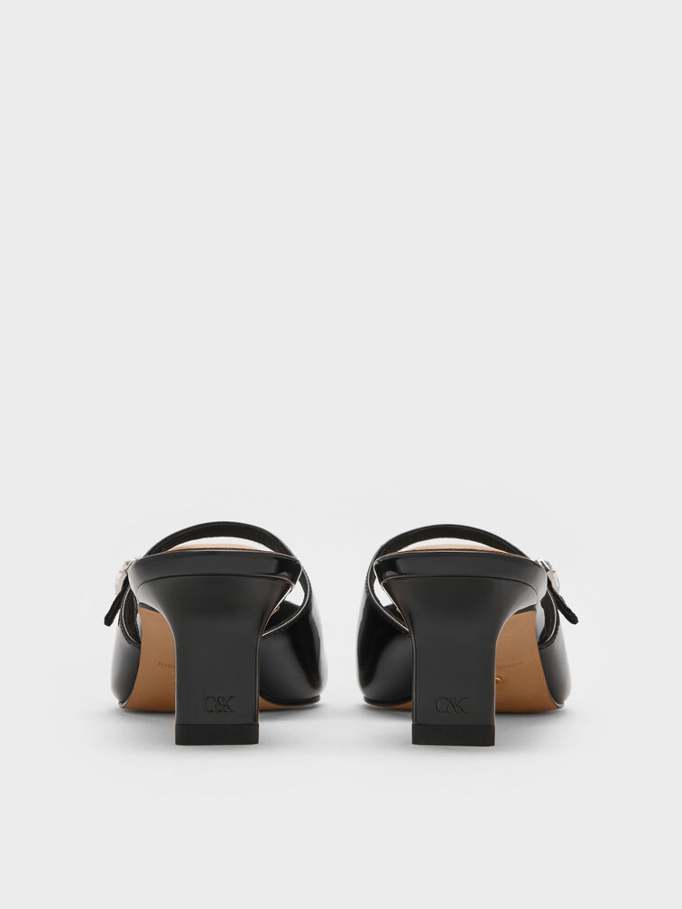 Patent Leather Gem-Buckle Pointed-Toe Heeled Mules, Black Patent, hi-res