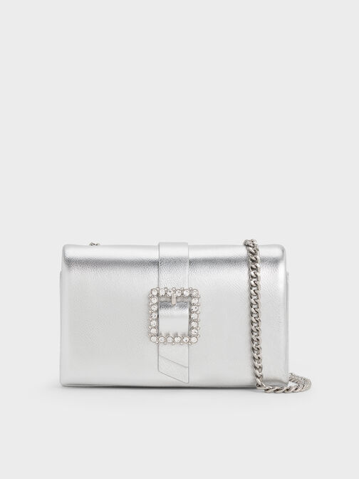 Metallic Crystal-Buckle Belted Chain-Handle Bag, Silver, hi-res