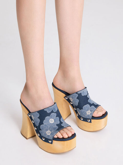 Tabitha Floral Denim Platform Clogs, Blue, hi-res