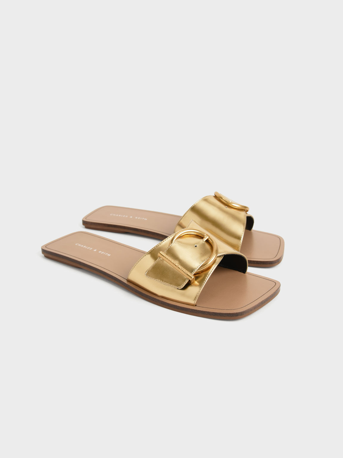 Square Toe Buckled Slides, Gold, hi-res