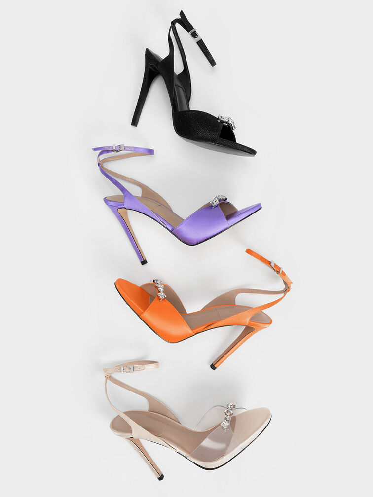 Glittered Gem-Encrusted Ankle Strap Sandals, Black, hi-res