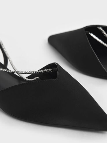 حذاء باليرينا أديل من البوليستر مُعاد التدوير بحزام كاحل وتصميم مفتوح من الخلف ومزين بالأحجار, أسود, hi-res